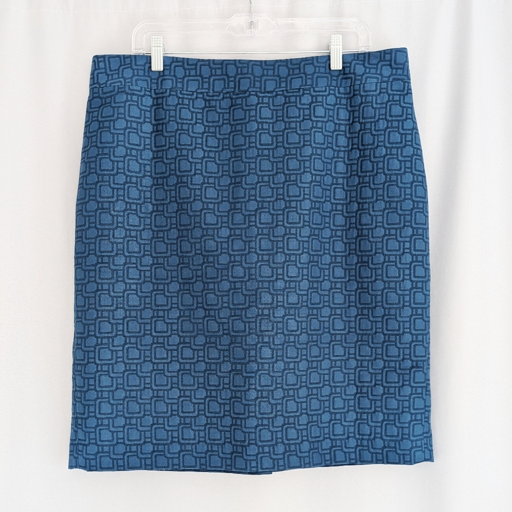 Blue Square Patterned Pencil Skirt